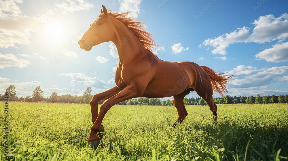Obraz premium Chestnut horse galloping in sunny field.