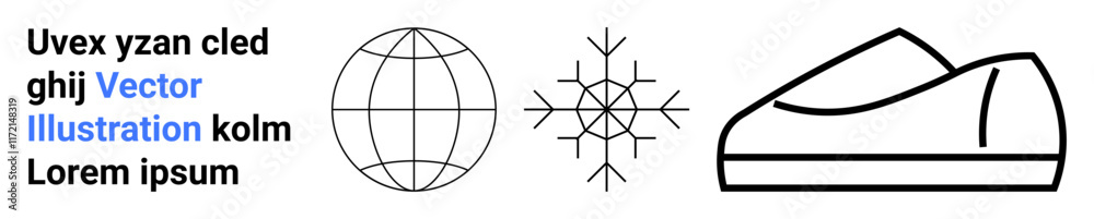 Text element, spherical globe, detailed snowflake, and outline of footwear. Ideal for global themes, winter motifs, apparel design, branding, vector art, minimalism, and user interfaces. Landing page Text element, spherical globe, detailed snowflake, and outline of footwear. Ideal for global themes, winter motifs, apparel design, branding, vector art, minimalism, and user interfaces. Landing page