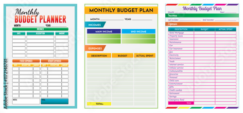 Set Illustration of Monthly Budget Planner Templates for Household and Personal Finance