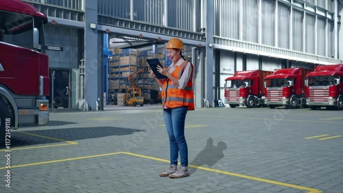 Wallpaper Mural Full Body Side View Of Asian Female Engineer With Safety Helmet Working On A Tablet, Outside of Logistics Distributions Warehouse Torontodigital.ca