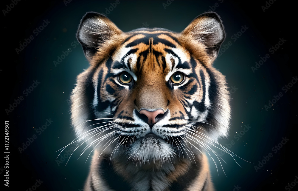 Naklejka premium Portrait of a tiger in the zoo with striking stripes and a fierce expression, showcasing its wild, dangerous nature