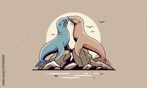 Two Galapagos sea lions in love.