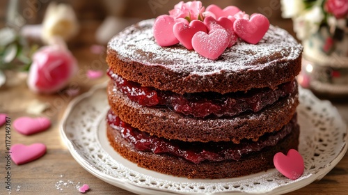 A nostalgic chocolate sponge cake with layers of rose jam and dusted with powdered sugar hearts photo