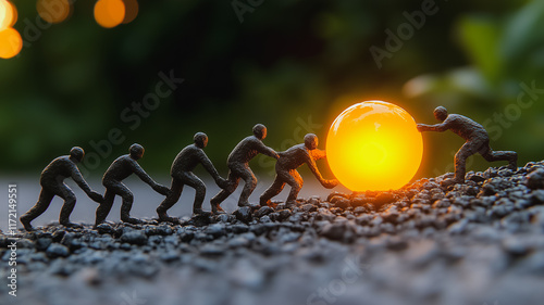 Teamwork Makes the Dream Work: Miniature figures collaborate to roll a luminous orb towards a brighter future, symbolizing collective effort and shared vision.