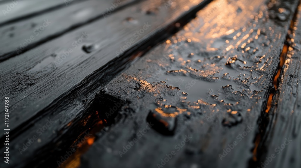A close-up view of wet wooden planks reflecting light, showcasing texture and droplets of water, evoking a serene, natural ambiance. A close-up view of wet wooden planks reflecting light, showcasing texture and droplets of water, evoking a serene, natural ambiance.