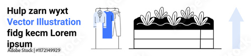 Clothes rack with garments, garden bed with plants, and upward arrow. Ideal for sustainability, growth, organization, retail, gardening lifestyle and upward mobility themes. Landing page