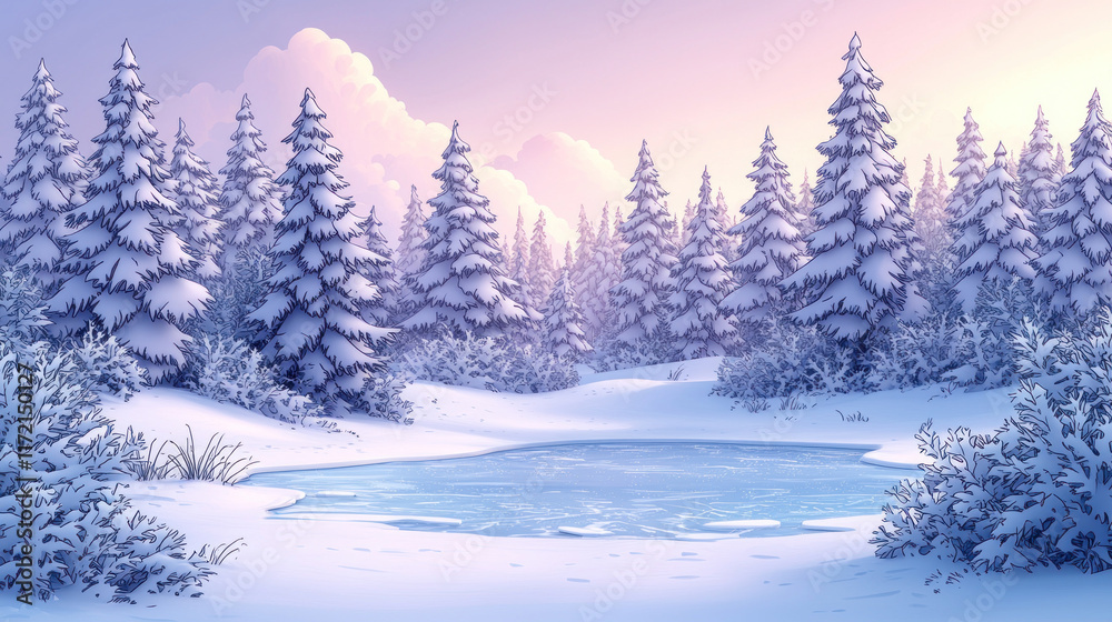 Snowy forest clearing with frozen pond at sunrise Snowy forest clearing with frozen pond at sunrise