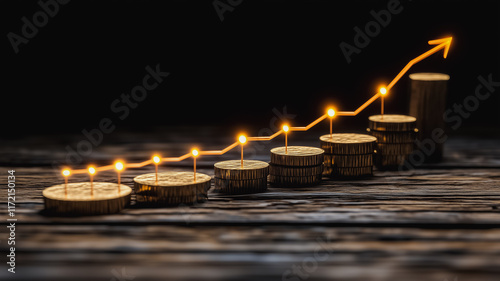 Financial Growth and Progress: Illuminated upward trend graph on stacked coins signifies financial success, growth, and investment returns.   photo