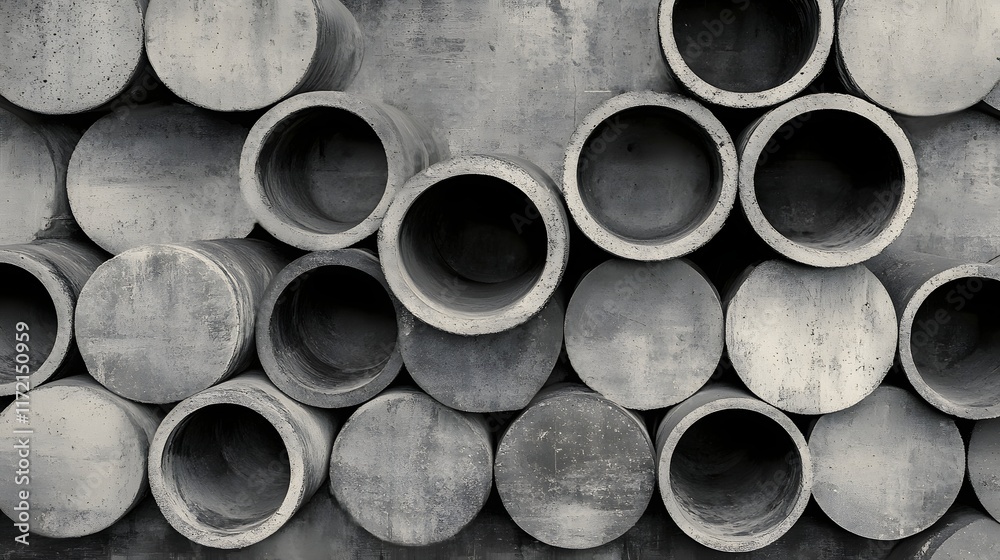 Textured Close-Up of Stacked Concrete Pipes in Varying Sizes, Showcasing Industrial Design Elements Ideal for Construction and Architectural Projects Textured Close-Up of Stacked Concrete Pipes in Varying Sizes, Showcasing Industrial Design Elements Ideal for Construction and Architectural Projects