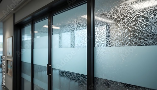 Frosted glass sliding doors with decorative plant pattern privacy film modern office interior design