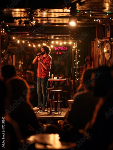 Stand-up comedy performance at a cozy venue, under warm string lights, a comedian shares laughs with an engaged audience, dimly lit ambiance,