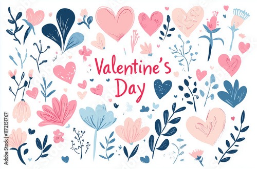 Vector illustration of the inscription "Valentine's Day" with hearts and flowers on a white background, hand-drawn lettering in a vector style, flat design, cute, pastel colors, clip art set, vector g