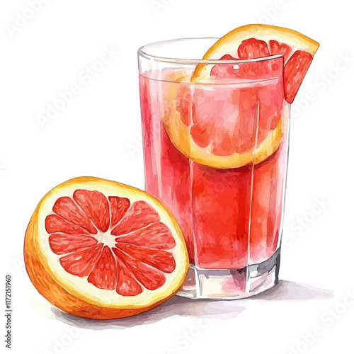 A watercolor vector painting of a Grapefruit Juice, isolated on a white background. Grapefruit Juice vector.

