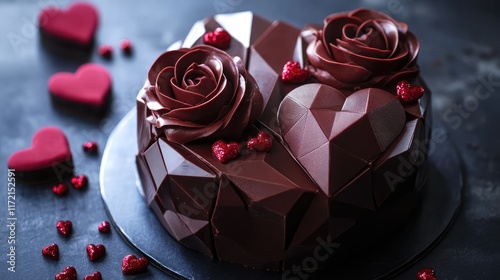 A sculptural Valentine chocolate cake featuring 3D edible roses and geometric heart motifs photo