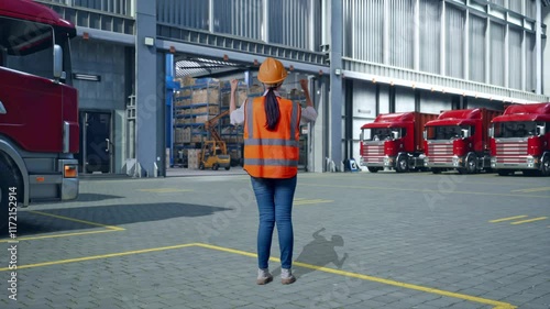 Wallpaper Mural Full Body Back View Of A Female Engineer With Safety Helmet Raising Her Hands Celebrating While Working, Outside of Logistics Distributions Warehouse Torontodigital.ca