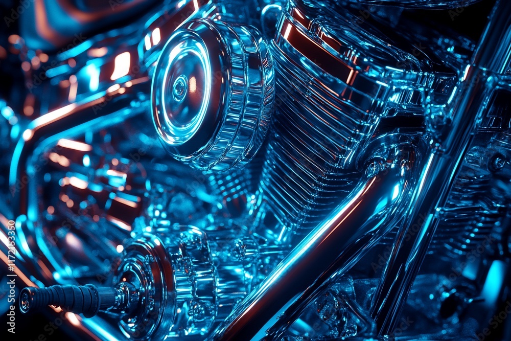 Close-up view of a motorcycle engine, highlighted with vibrant blue and orange neon lighting, showcasing intricate chrome details and mechanical parts. Close-up view of a motorcycle engine, highlighted with vibrant blue and orange neon lighting, showcasing intricate chrome details and mechanical parts.
