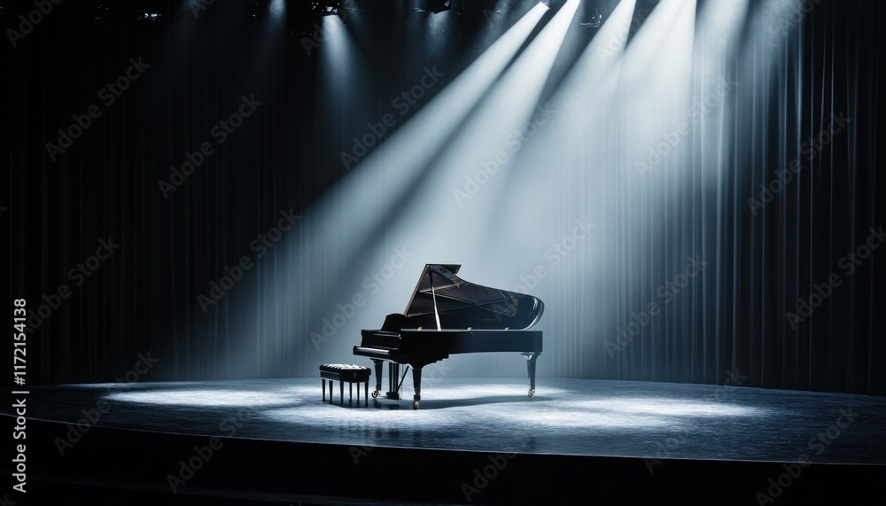 Naklejka premium Grand Piano Under the Spotlight, A Dramatic Stage Setting Awaiting a Musical Performance or a Solo Pianist in the Limelight