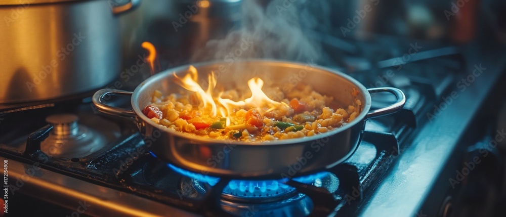 Flaming pasta dish cooking on gas stove. Kitchen background. Food blog use Flaming pasta dish cooking on gas stove. Kitchen background. Food blog use