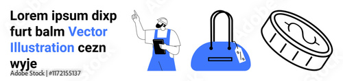 Mechanic in blue overalls pointing up with clipboard, blue handbag with a tag, tin can lid illustration, and sample text. Ideal for marketing, retail, product design, instructional materials