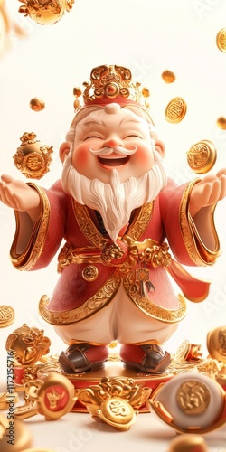 Joyful Chinese God of Wealth Figurine Surrounded by Gold Coins 3D Render photo