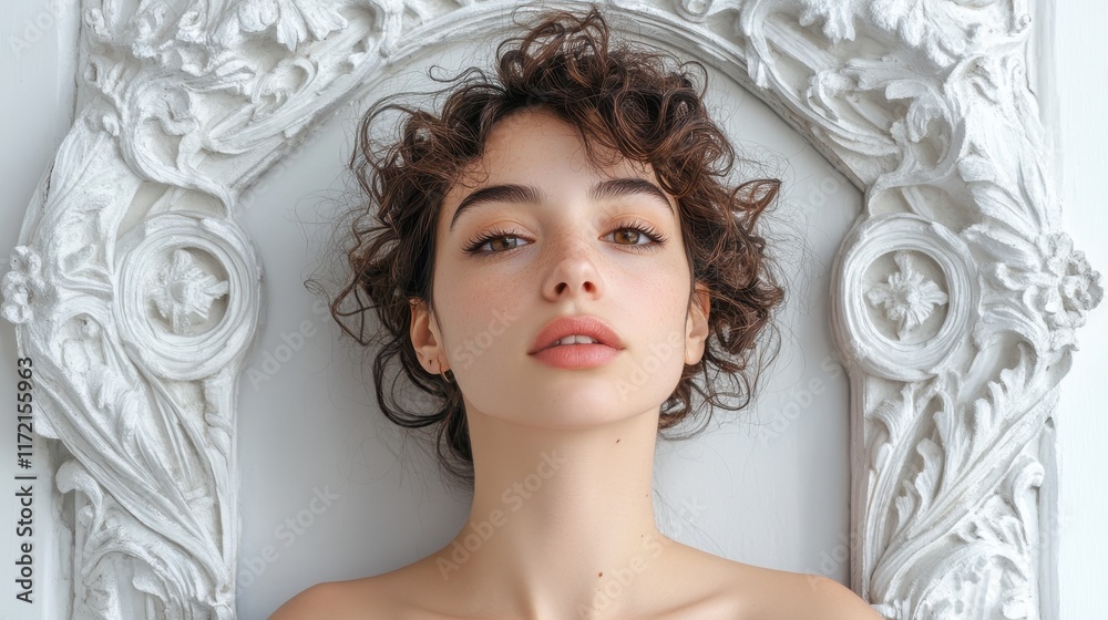 Young woman with curly hair, lying on ornate white frame. Ideal for beauty, fashion, or elegance themes. Young woman with curly hair, lying on ornate white frame. Ideal for beauty, fashion, or elegance themes.