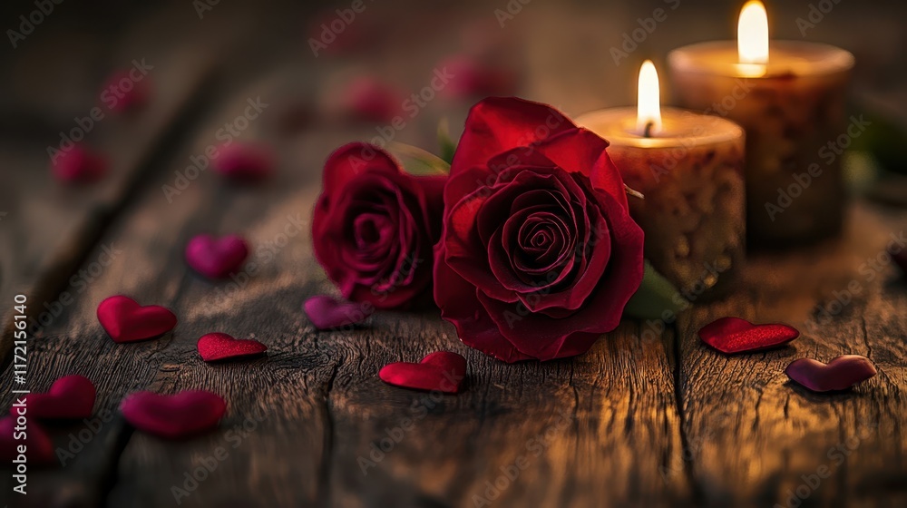 Romantic setup featuring candles and fresh roses on a wooden table, complemented by scattered petals, perfect for a Valentine's Day celebration. Romantic setup featuring candles and fresh roses on a wooden table, complemented by scattered petals, perfect for a Valentine's Day celebration.