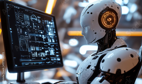 Humanoid robots working next to computers