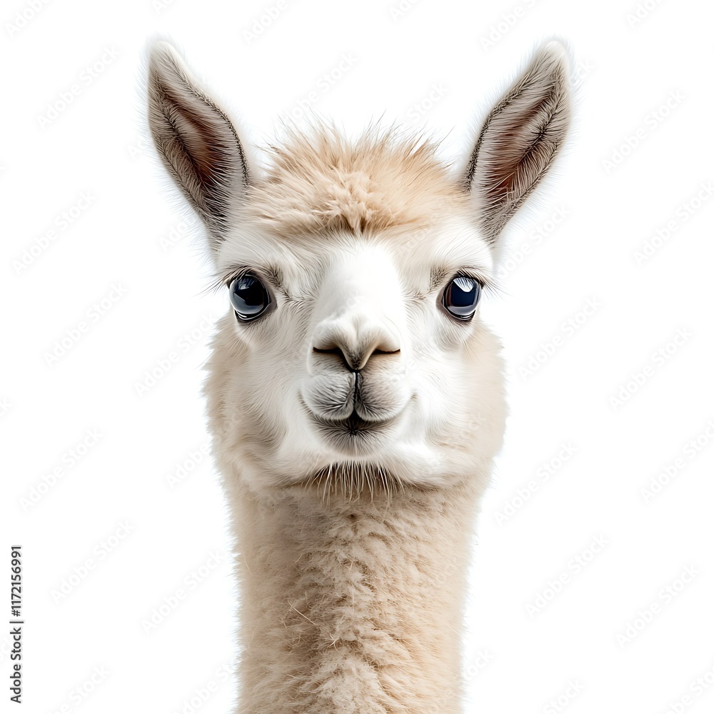 Obraz premium Fluffy Alpaca Portrait, Studio Shot, White Background, Animal Farm.