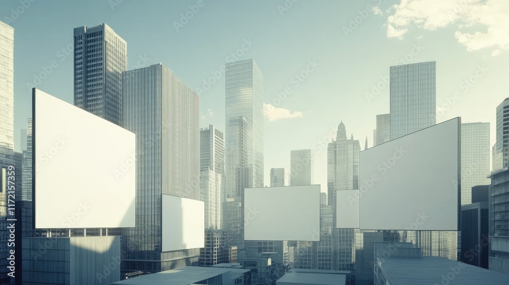 Naklejka premium A D-rendered cityscape with blank advertisement spaces on buildings.