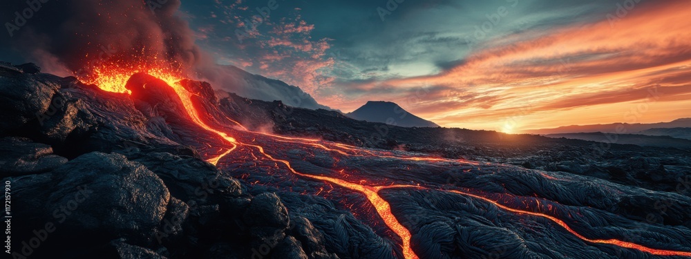 A surreal image of a volcanic eruption at sunrise, with lava flows glowing against a dark volcanic landscape, Sunrise eruption scene A surreal image of a volcanic eruption at sunrise, with lava flows glowing against a dark volcanic landscape, Sunrise eruption scene