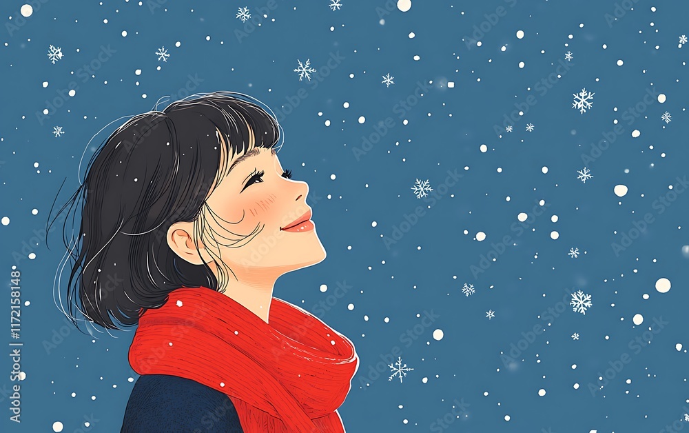 A cute girl with short hair wearing a red scarf, a smiling face, and looking at snowflakes falling in the sky, with a blue background, in a flat illustration style, A cute girl with short hair wearing a red scarf, a smiling face, and looking at snowflakes falling in the sky, with a blue background, in a flat illustration style,