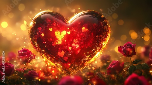 Fototapeta Naklejka Na Ścianę i Meble -  A large heart glowing in red and gold, surrounded by blooming roses and golden light, with a bold Valentine's Day greeting