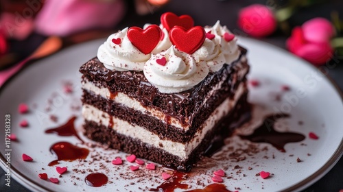 A Valentineâ€™s breakfast cake made of chocolate layers topped with whipped cream, rose syrup, and heart photo