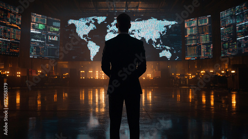 Man in suit facing world map on large screens in dark control room. photo