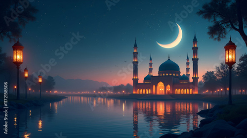 Blue mosque at night with city lights and silhouette of minarets photo