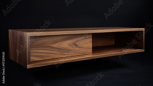 Floating walnut media console, minimalist design, black background, modern home decor photo