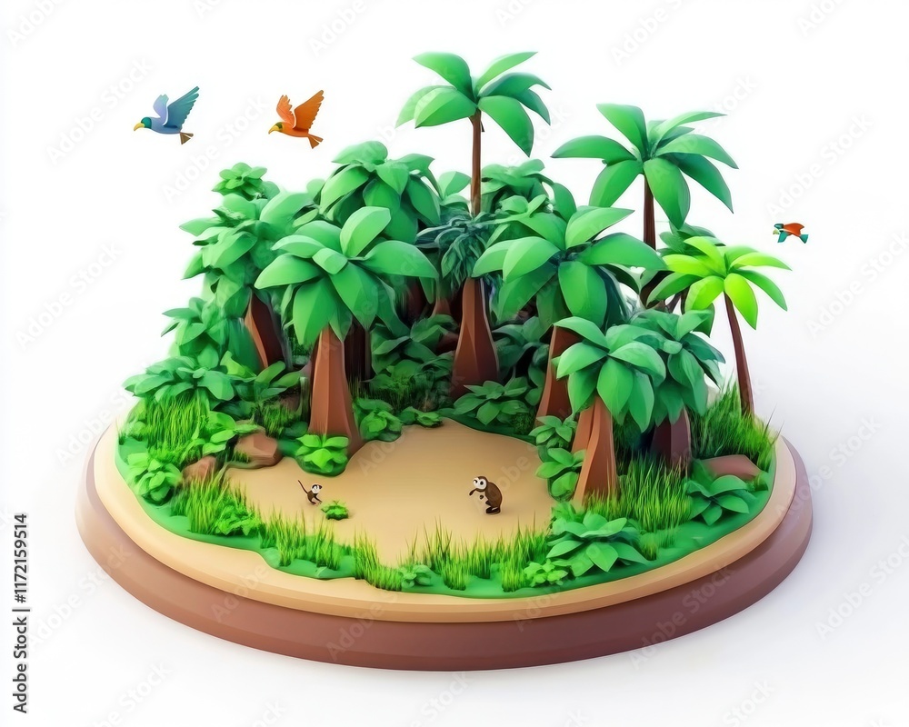 Obraz premium A vibrant, stylized jungle scene with trees, plants, and colorful birds.