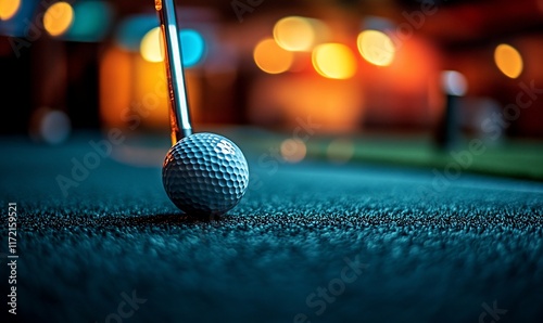 Close-up of golf ball and putter on a mini golf course at night.