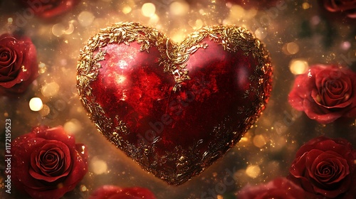 A lush Valentine's design featuring a radiant red heart with gold ornamentation surrounded by detailed roses and soft golden sparkles