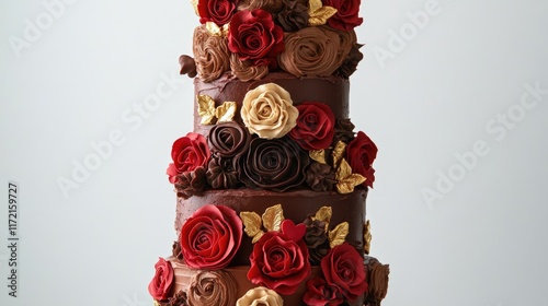 A towering multi-tiered chocolate Valentineâ€™s cake with layers of ganache, buttercream roses, and gold accents photo