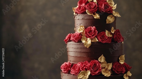 A towering multi-tiered chocolate Valentineâ€™s cake with layers of ganache, buttercream roses, and gold accents photo