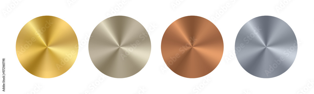 Gold, silver bronze metal radial shield. Medal badge or circle coin. Disk button gradient surface effect. Circular round brushed foil clipart. Golden warranty diploma sticker. Stainless nickel plate