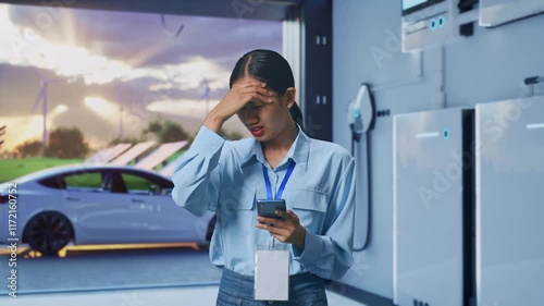 Wallpaper Mural Asian Female With Her Smarphone With Home Energy Storage System In a Modern Garage, She Is Nodding Her Shead With Dissapionted Torontodigital.ca