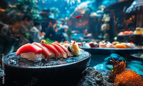 Exquisite Tuna Nigiri Sushi in an Underwater Themed Restaurant: A Culinary Journey photo