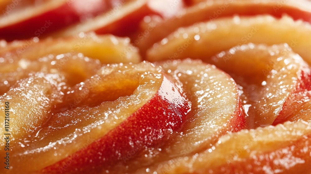 Close-up of caramelized apple slices arranged in a spiral. Close-up of caramelized apple slices arranged in a spiral.
