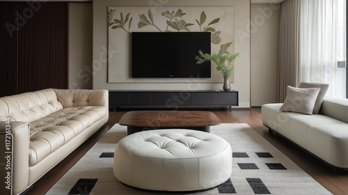 Obraz na płótnie Generative AI, Modern minimalist living room with neutral tones and refined details w salonie
