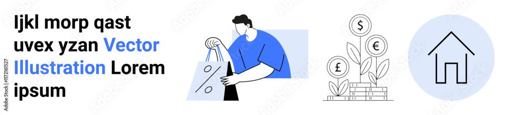 Man holding a discount shopping bag, growing money plant with currency symbols, home icon. Ideal for e-commerce, financial planning, real estate, online shopping, investment, marketing sales Man holding a discount shopping bag, growing money plant with currency symbols, home icon. Ideal for e-commerce, financial planning, real estate, online shopping, investment, marketing sales