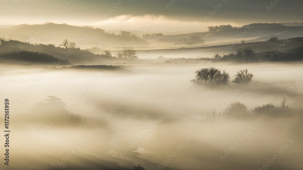 Fototapeta premium Scenic morning fog over rolling hills and a tranquil valley in soft golden light creating a serene atmosphere