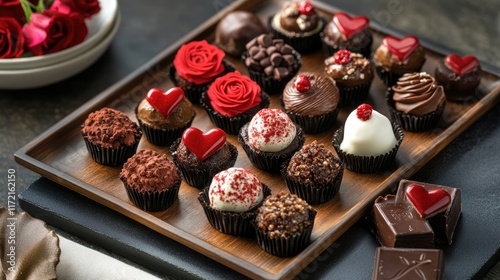 A Valentineâ€™s dessert platter featuring chocolate cake bites decorated with rose motifs and heart-shaped truffles, [sweet assortment], [romantic elegance] photo