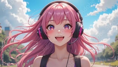 Joyful Anime Girl in Headphones on a Sunny Day